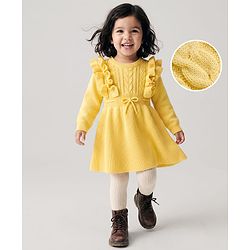 Babyhug Knit Full Sleeves Woollen Dress With Cable Knit Design - Yellow