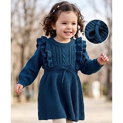Babyhug Knit Full Sleeves Woollen Dress With Cable Knit Design - Yellow