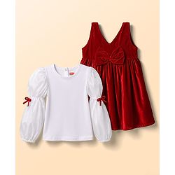 Babyhug Velvet Woven Full Sleeves Frock With Inner Tee Bow Applique - Red