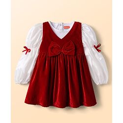 Babyhug Velvet Woven Full Sleeves Frock With Inner Tee Bow Applique - Red