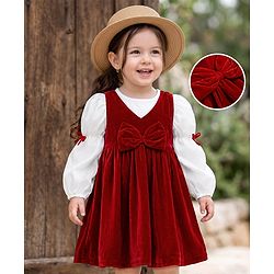 Babyhug Velvet Woven Full Sleeves Frock With Inner Tee Bow Applique - Red