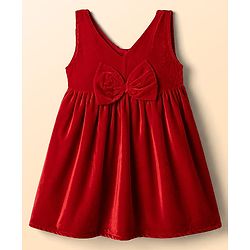 Babyhug Velvet Woven Full Sleeves Frock With Inner Tee Bow Applique - Red