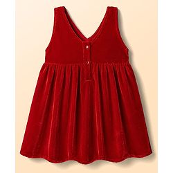 Babyhug Velvet Woven Full Sleeves Frock With Inner Tee Bow Applique - Red