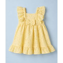 Babyhug Mesh Woven Half Sleeves Frock With Floral Print & Bow Applique - Yellow