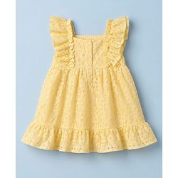 Babyhug Mesh Woven Half Sleeves Frock With Floral Print & Bow Applique - Yellow