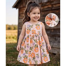 Babyhug Poplin Woven Sleeveless Floral Printed Frock with Bow Applique - Peach