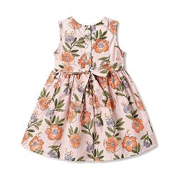 Babyhug Poplin Woven Sleeveless Floral Printed Frock with Bow Applique - Peach