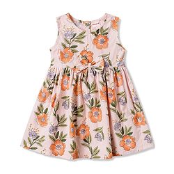 Babyhug Poplin Woven Sleeveless Floral Printed Frock with Bow Applique - Peach