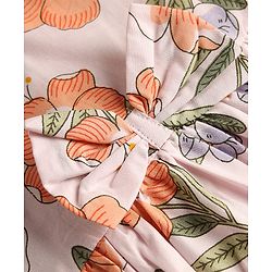 Babyhug Poplin Woven Sleeveless Floral Printed Frock with Bow Applique - Peach