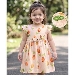 Babyhug Poplin Woven Half Sleeves Floral Printed Frock With Bow Applique - Peach