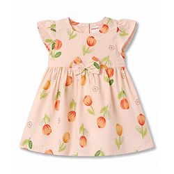 Babyhug Poplin Woven Half Sleeves Floral Printed Frock With Bow Applique - Peach