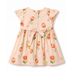 Babyhug Poplin Woven Half Sleeves Floral Printed Frock With Bow Applique - Peach