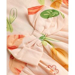 Babyhug Poplin Woven Half Sleeves Floral Printed Frock With Bow Applique - Peach