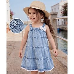 Babyhug Denim Woven Sleeveless Frock With Bow Applique - Blue