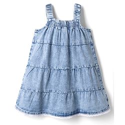 Babyhug Denim Woven Sleeveless Frock With Bow Applique - Blue