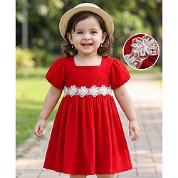 Babyhug Woven Half Sleeves Frock With Floral Lace Detailing - Red