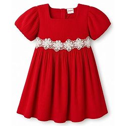 Babyhug Woven Half Sleeves Frock With Floral Lace Detailing - Red