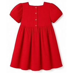 Babyhug Woven Half Sleeves Frock With Floral Lace Detailing - Red