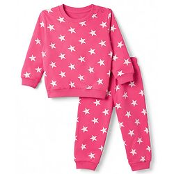 Babyhug Cotton Knit Full Sleeves Winter Wear Co-ords With Star Design - Pink