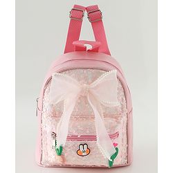 Babyhug Free Size Fashion Sequined Backpack with Bow, Carrot and Rabbit applique - Blue