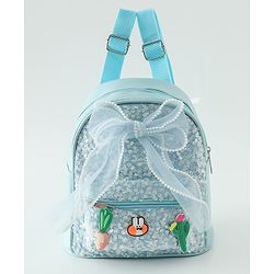 Babyhug Free Size Fashion Sequined Backpack with Bow, Carrot and Rabbit applique - Blue
