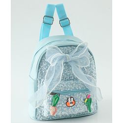 Babyhug Free Size Fashion Sequined Backpack with Bow, Carrot and Rabbit applique - Blue