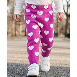 Babyhug Fur Knit Full Length Woollen Pant With Hearts Design - Pink