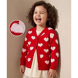 Babyhug Knit Full Sleeves Front Open Sweater  With Heart Design - Red