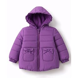 Babyhug Woven Full Sleeves Solid Colour Hooded Padded Jacket with Bow Applique - Purple