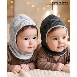 Babyhug Knit Solid Reversible Monkey Cap Light & Dark Grey - Diameter 10 cm