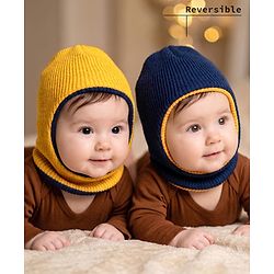 Babyhug Knit Solid Reversible Monkey Cap Yellow & Navy - Diameter 11 cm