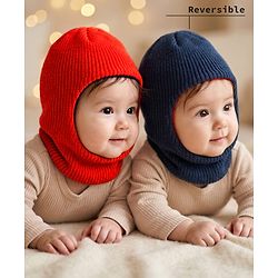 Babyhug Knit Solid Reversible Monkey Cap Red & Navy Blue - Diameter 15.5 cm