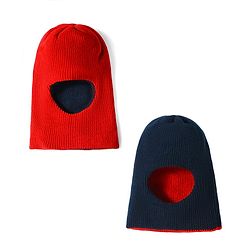 Babyhug Knit Solid Reversible Monkey Cap Red & Navy Blue - Diameter 15.5 cm