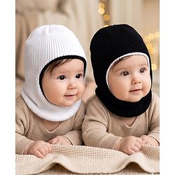 Babyhug Knit Solid Reversible Monkey Cap Black & White - Diameter 10 cm