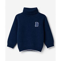 Babyhug Knit Full Sleeves Solid Pullover With B Embroidered - Navy Blue