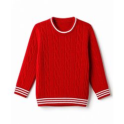 Babyhug Knit Full Sleeves Pullover With Striped & Cable knit Design - Red