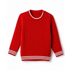 Babyhug Knit Full Sleeves Pullover With Striped & Cable knit Design - Red