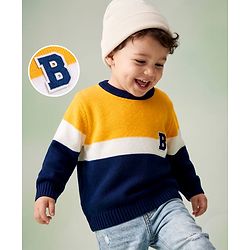 Babyhug Knit Full Sleeves Striped Pullover Sweater With Patch - Yellow