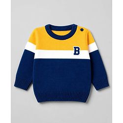Babyhug Knit Full Sleeves Striped Pullover Sweater With Patch - Yellow