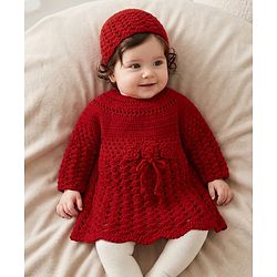 Babyhug Knit sweater-knit crochet Woolen Dress and Hat with Full Sleeves and Flower Embroidery - Red