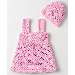 Babyhug Premium Woolen Dress with Sleeveless and Flower Applique & Cap in Pink