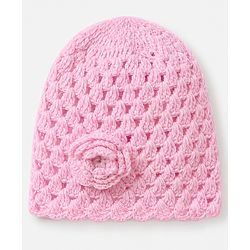 Babyhug Premium Woolen Dress with Sleeveless and Flower Applique & Cap in Pink