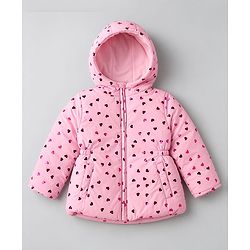 Babyhug Woven Hooded Padded Quilted Winter Hoodie with Full Sleeves and Hearts Foil Print - Pink