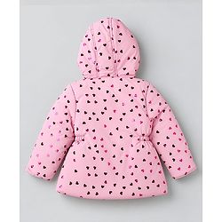Babyhug Woven Hooded Padded Quilted Winter Hoodie with Full Sleeves and Hearts Foil Print - Pink
