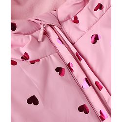 Babyhug Woven Hooded Padded Quilted Winter Hoodie with Full Sleeves and Hearts Foil Print - Pink