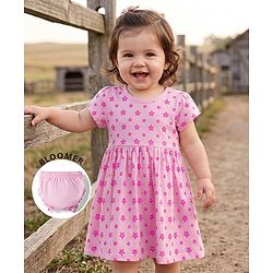 Babyhug Single Jersey Knit Half Sleeves Star Printed Frock With Bloomer - Pink