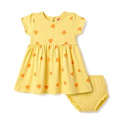 Babyhug Single Jersey Knit Half Sleeves Heart Printed Frock with Bloomer - Yellow