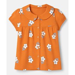 Babyhug 100% Cotton Knit Half Sleeves Top & Pyjama Night Suit Co-ords With Floral Print - Orange