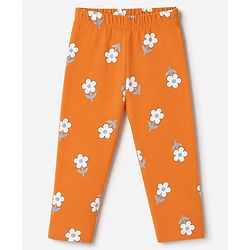Babyhug 100% Cotton Knit Half Sleeves Top & Pyjama Night Suit Co-ords With Floral Print - Orange
