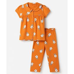 Babyhug 100% Cotton Knit Half Sleeves Top & Pyjama Night Suit Co-ords With Floral Print - Orange